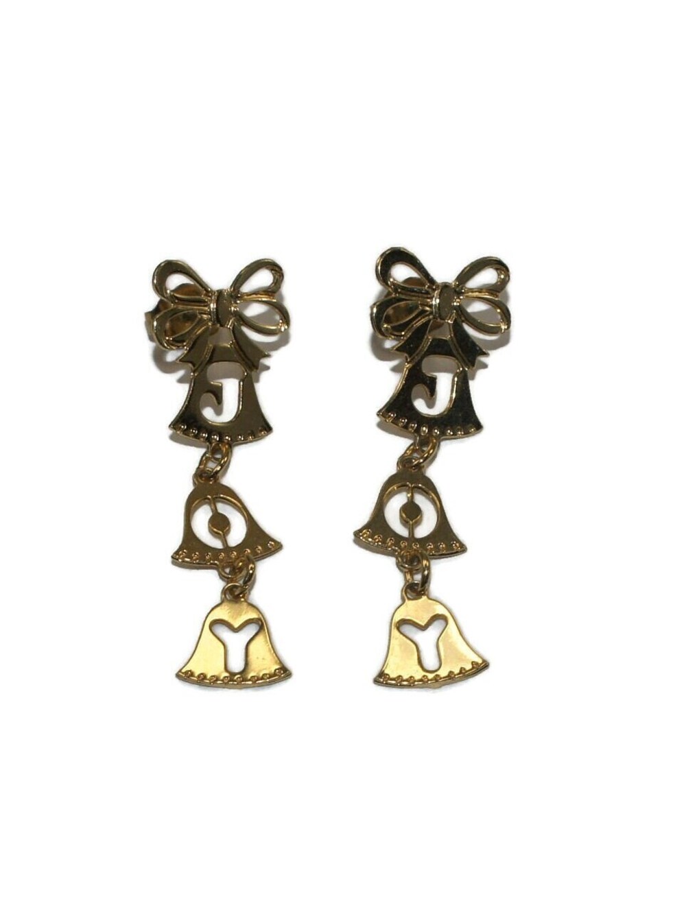 Vintage Gold Tone, Bow and "JOY" Dangle Christmas Earrings with Post Backs.